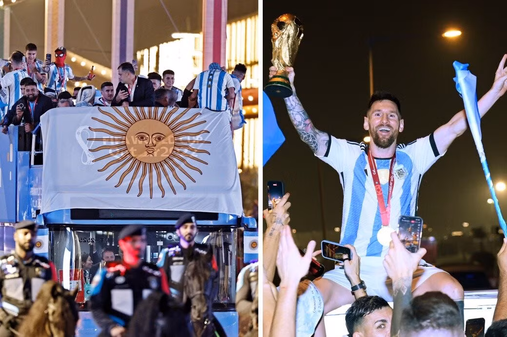 Messi diễu hành ăn mừng trên xe buýt mui trần Lionel Messi và các đồng đội được lên xe buýt mui trần diễu hành rời sân Lusail ăn mừng chức vô địch World Cup 2022.