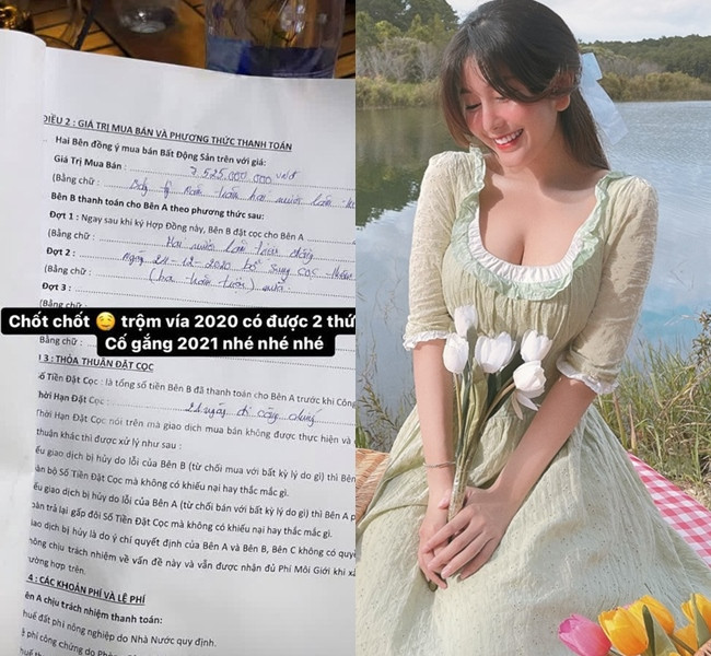 Kiếm hàng trăm triệu mỗi tháng, người đẹp này đã tự mua nhà, mua đất và tự chủ tài chính. Cô mua đất từ năm 17 tuổi bằng tiền kinh doanh được. “Thật ra nhà 7 tỷ là bố mẹ hỗ trợ em một phần. Ban đầu em có hơn 3 tỷ, em bán một miếng đất có được 5 tỷ mấy, sau đó bố mẹ bù thêm cho em. Nhà người ta bán 7,6 tỷ, em trả giá xuống thỏa thuận mua với giá 7,525 tỷ. Em dự định sử dụng căn nhà này để làm cửa hàng vì có vị trí ở mặt tiền khá đẹp", cô chia sẻ.