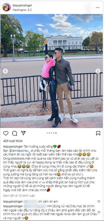 au đó, nữ ca sĩ đăng đàn cực kỳ gay gắt và tag cả bạn trai vào dòng trạng thái mới: "Tận hưởng cuộc sống. Lâm Bảo Châu ơi, chắc mỗi tháng bạn làm báo cáo tài chính cho các thánh ăn không ngồi rồi biết bạn kiếm tiền thế nào nha. Mệt mỏi quá không các thánh, sao lại cứ phải cay cú, uất ức khi thấy người ta vui vẻ, hạnh phúc. Xong lại thắc mắc sao đi đâu cũng đi cùng nhau. Thời gian vô nghĩa ấy để tâm sức mà cố gắng phấn đấu kiềm tiền cho sung sướng mà tung tăng có hơn không nè".