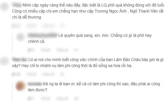 ũng như mọi lần, cặp đôi chênh nhau 1 giáp này tiếp tục trở thành chủ đề gây tranh cãi. Đặc biệt, Lâm Bảo Châu còn bị mỉa mai "chỉ lo nhiệm vụ làm phi công là đủ sống xa hoa".