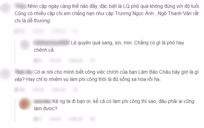 Cũng như mọi lần, cặp đôi chênh nhau 1 giáp này tiếp tục trở thành chủ đề gây tranh cãi. Đặc biệt, Lâm Bảo Châu còn bị mỉa mai "chỉ lo nhiệm vụ làm phi công là đủ sống xa hoa".