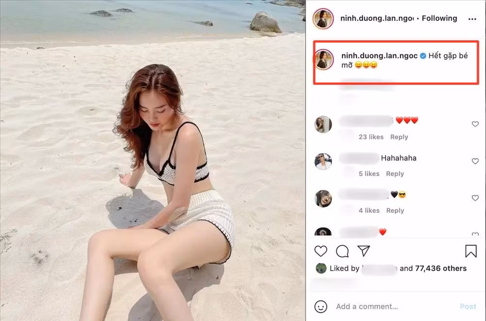 Khi lỡ đăng ảnh chưa chỉnh sửa trên Facebook, Lan Ngọc có pha xử lý hết sức cồng kềnh bằng cách photoshop xoá "bé mỡ" rồi đăng lại trên Instagram. Song thay vì lẳng lặng đăng ảnh, người đẹp tự khui luôn: "Hết gặp bé mỡ"