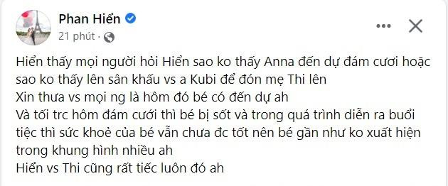 hia sẻ của Phan Hiển khi Anna không xuất hiện trên lễ đường của bố mẹ.