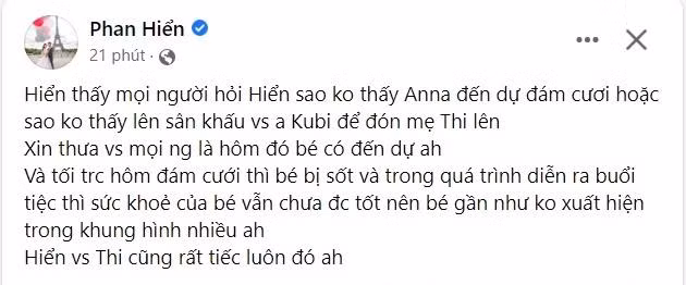 Chia sẻ của Phan Hiển khi Anna không xuất hiện trên lễ đường của bố mẹ.