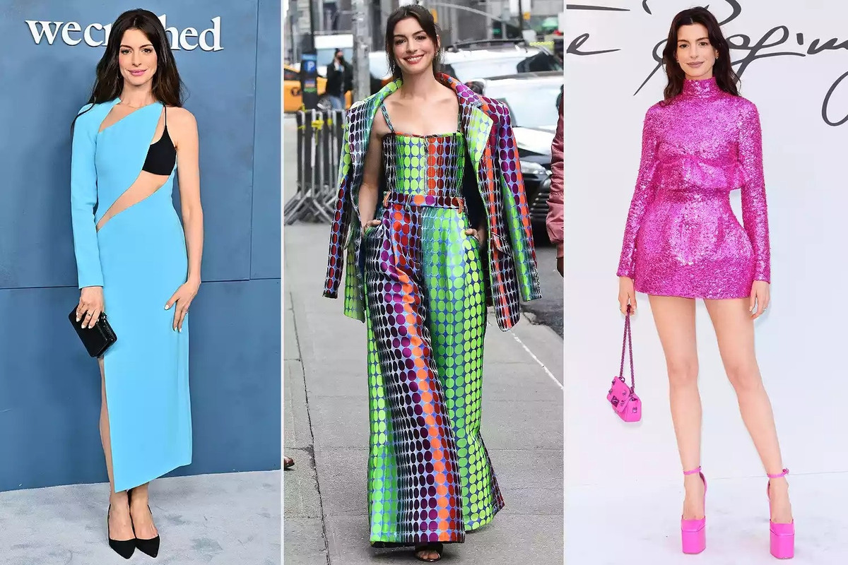 "Người phụ nữ thời Phục Hưng" là cụm từ People miêu tả về Anne Hathaway trong năm nay. Với sự hỗ trợ của nhà tạo mẫu Erin Walsh, ngôi sao We Crashed có cuộc dạo chơi màu sắc đầy mãn nhãn. Ngay cả những gam màu khó nhằn như hồng, tím, xanh lam... cũng không làm khó được cô. Minh tinh kết hợp ăn ý hoa văn đậm với những kiểu đồ màu nổi cho sự kiện ngoài trời.