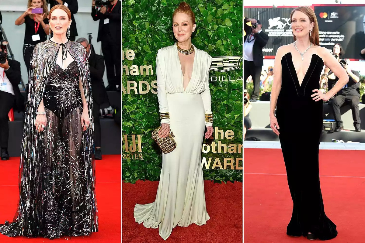 Đây là lần thứ 3 Julianne Moore góp mặt trong bình chọn sao mặc đẹp của tạp chí Mỹ. Tại Liên hoan phim Venice hồi tháng 7, nữ giám khảo quyền lực toát lên vẻ sang trọng khi diện bộ váy Valentino xuyên thấu đính sequin, tiếp theo đó là 2 mẫu váy cổ chữ V khoét sâu được tạo điểm nhấn bằng trang sức hiệu Sidney Garber.