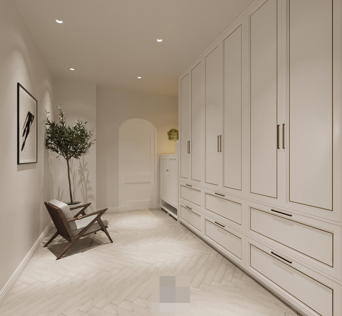 Căn hộ có riêng một phòng kho, chứa đồ chưa dùng đến, giúp các không gian khác luôn gọn gàng. Mặc dù là kho nhưng phòng khá sang, xịn với hệ tủ lớn, cây xanh và sofa ngồi nghỉ.