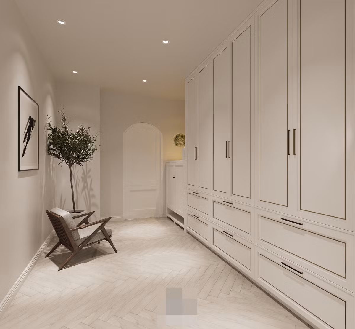 Căn hộ có riêng một phòng kho, chứa đồ chưa dùng đến, giúp các không gian khác luôn gọn gàng. Mặc dù là kho nhưng phòng khá sang, xịn với hệ tủ lớn, cây xanh và sofa ngồi nghỉ.