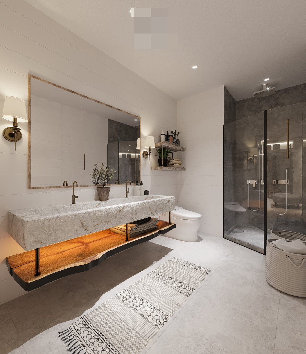 Phòng vệ sinh được thiết kế ngay trong phòng thay đồ, Mỗi lần gia chủ tắm xong, lau khô người là ra thay đồ luôn, rất tiện lợi.