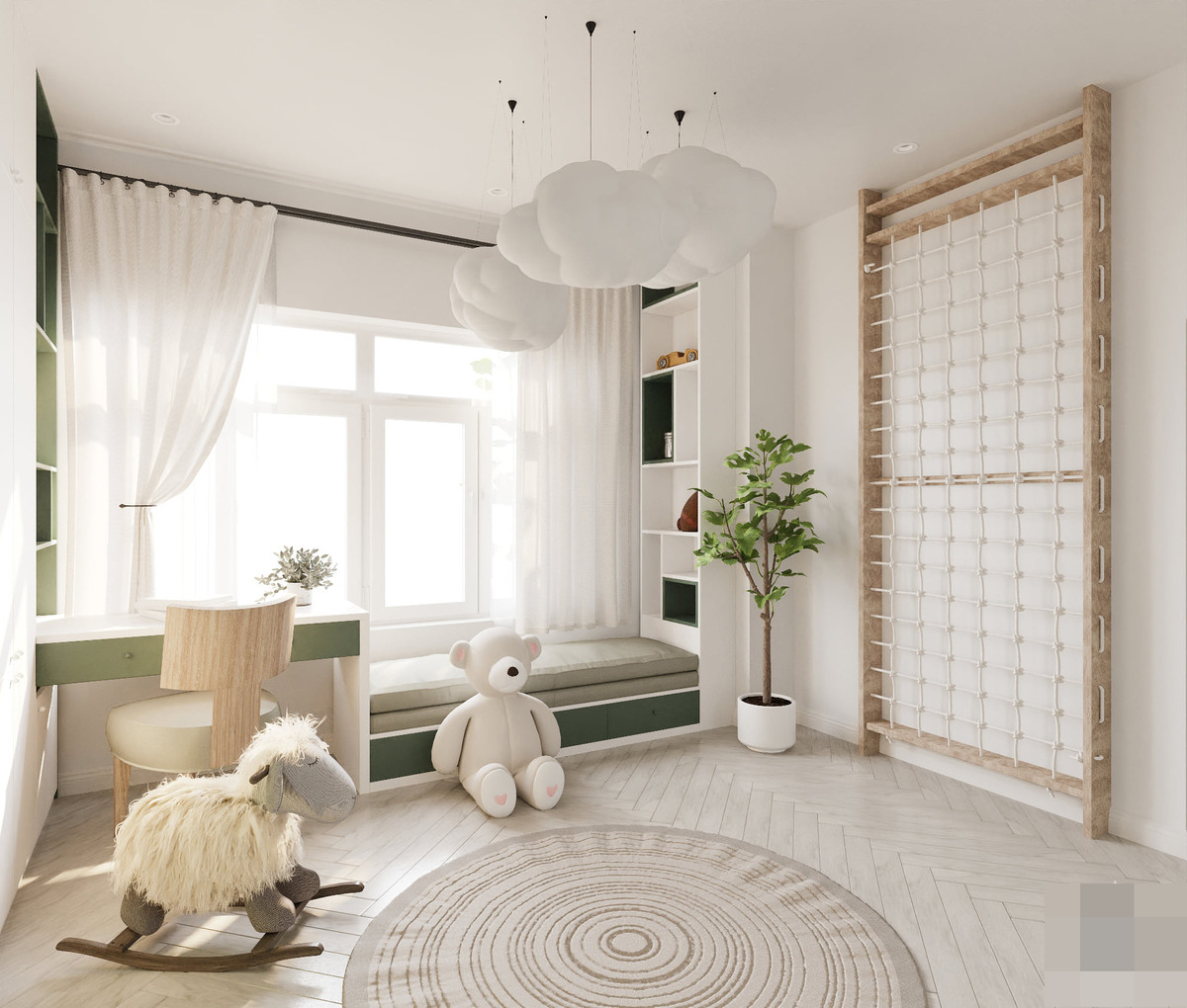 Phòng ngủ em bé sử dụng tông xanh lá cây và trắng. Ngoài công năng sử dụng, kiến trúc sư thiết kế một số đồ giúp bé phát triển vận động, vui chơi.