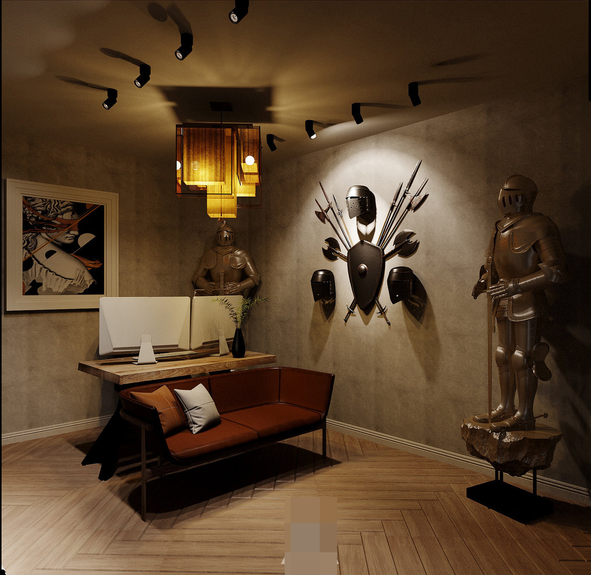 Phòng làm việc của chồng. Anh có sở thích sưu tập các loại vũ khí trong phim The lord of the rings theo tỷ lệ 1-1 bằng thép, tất nhiên toàn bộ đồ đều không có lưỡi vì là hàng trưng bày. Đây cũng là không gian nuôi dưỡng sự sáng tạo cho gia chủ.