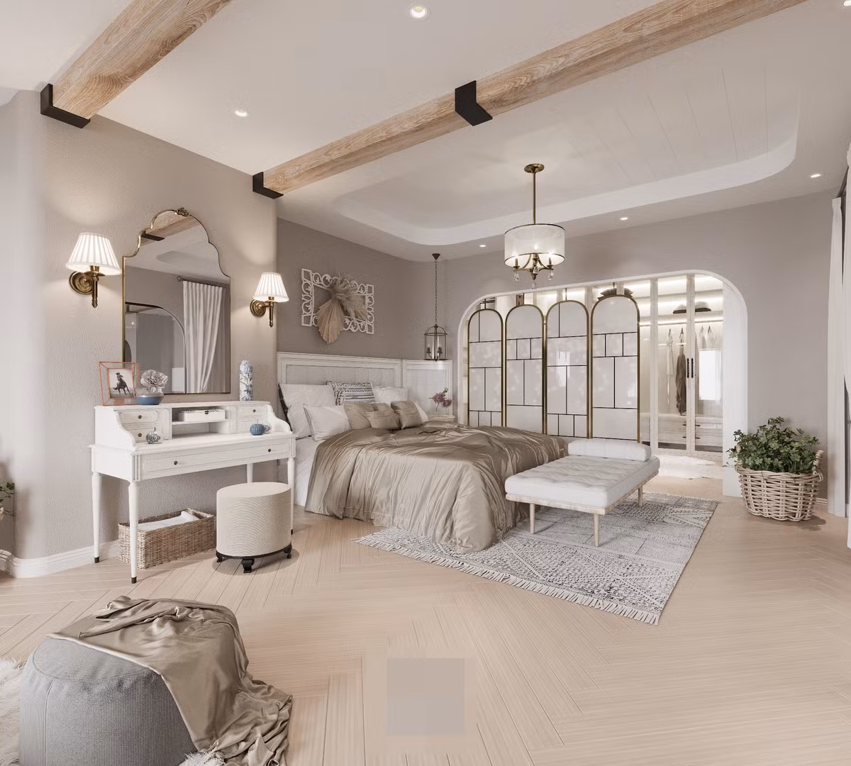 Phòng ngủ siêu rộng với bộ sofa sang trọng và ghế mây thư giãn.