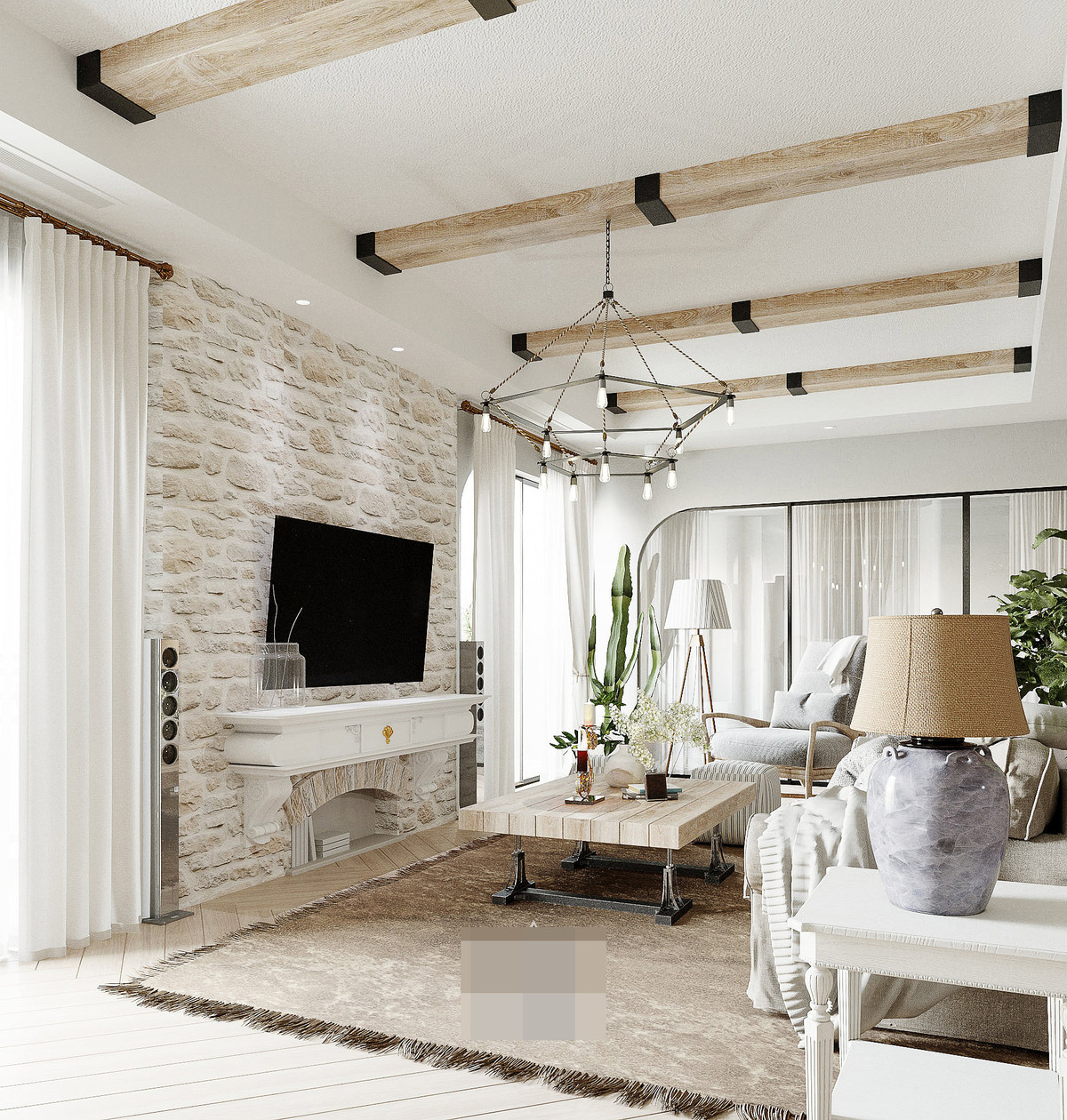 Lò sưởi ốp đá, bàn gỗ ghép thanh, sofa rộng lớn là đặc trưng của phong cách này. Những ngày nghỉ, nếu lười ra ngoài, gia chủ có thể nằm đây xem tivi, cảm giác không khác gì đang ở khu nghỉ dưỡng.