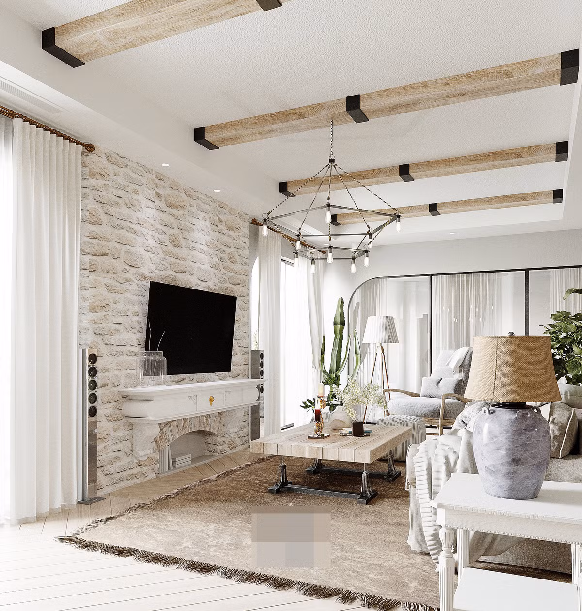 Lò sưởi ốp đá, bàn gỗ ghép thanh, sofa rộng lớn là đặc trưng của phong cách này. Những ngày nghỉ, nếu lười ra ngoài, gia chủ có thể nằm đây xem tivi, cảm giác không khác gì đang ở khu nghỉ dưỡng.