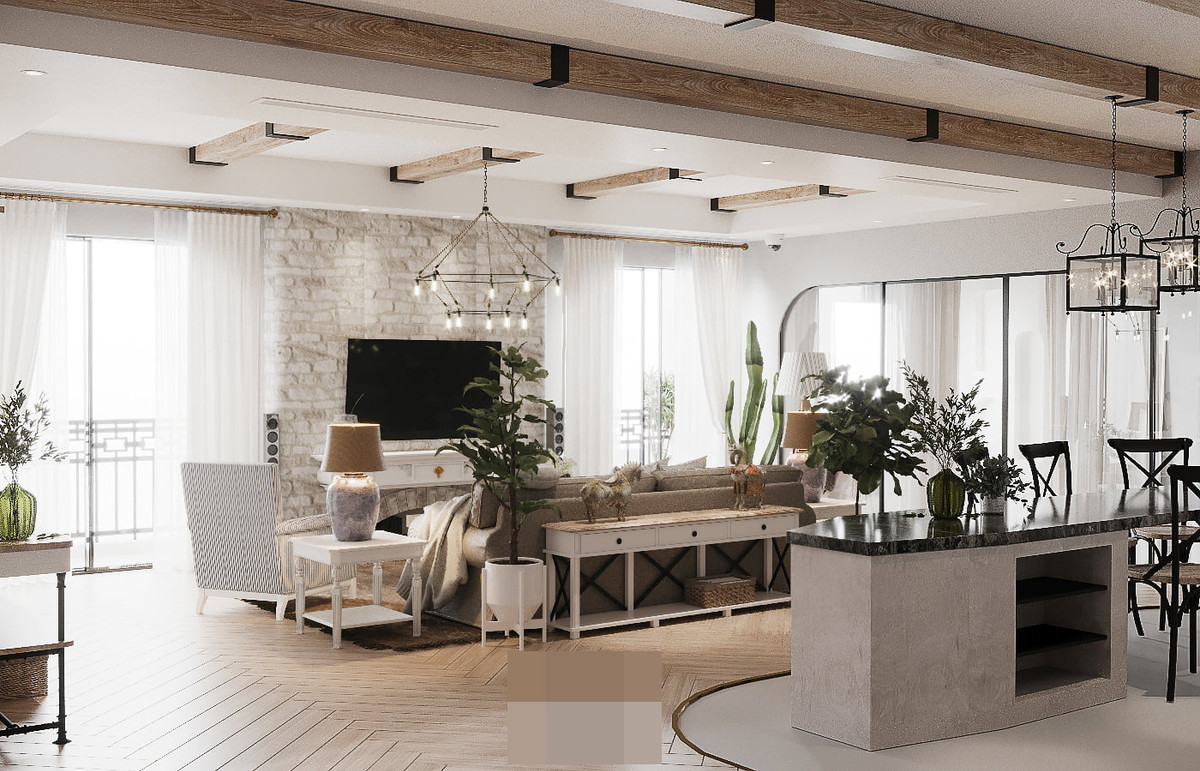 Nắm bắt được ý niệm đó, anh Phạm Dũngvà nhóm kiến trúc sư đã biến hình 2 căn hộ đập thông với tổng diện tích gần 200m2 thành một villa trên không mang phong cách farmhouse. Dưới đây là một số hình ảnh "gây mê" của căn villa độc đáo này: Ảnh: Phòng khách thênh thang với không gian mở, kết nối với phòng bếp.