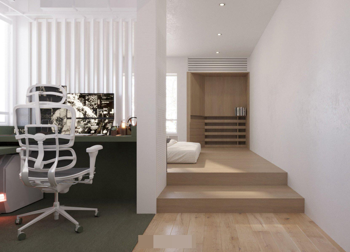 Phòng ngủ tạo thềm giật cấp, phân chia không gian ngủ và làm việc. 