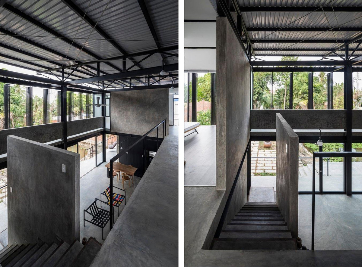 Khoảng thông tầng lớn trong không gian bên trong kết nối với các không gian khác trong nhà và hướng ra thiên nhiên ngoài trời.