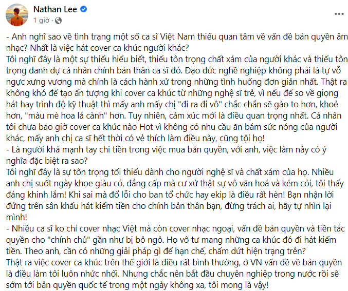 Nathan Lee lên tiếng khi một số ca sĩ thiếu quan tâm về bản quyền âm nhạc - Hình 3 Nathan Lee len tieng khi mot so ca si thieu quan tam ve ban quyen am nhac-Hinh-3