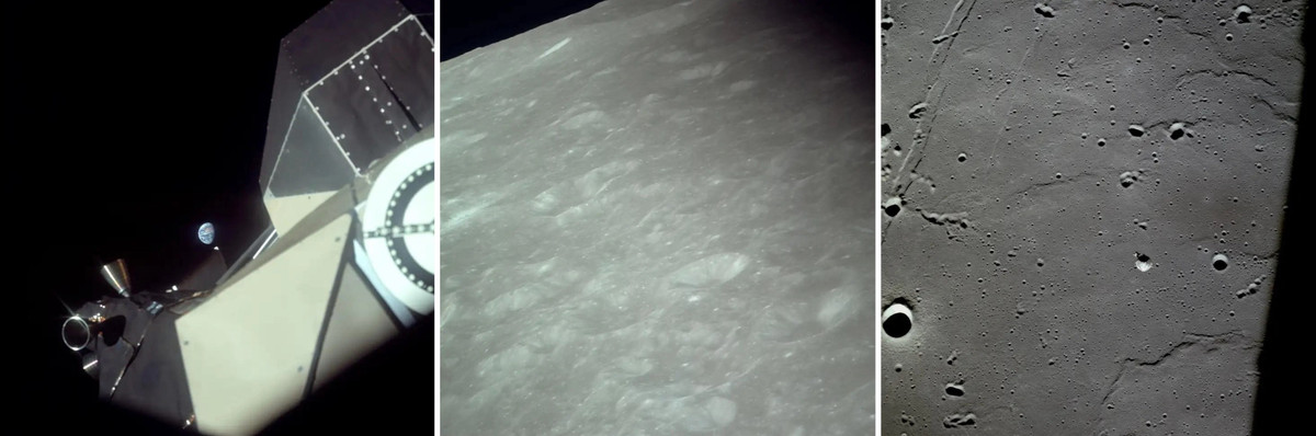 Ảnh chụp từ tàu đổ bộ Eagle (Eagle Lunar Module) cho thấy Trái Đất nằm phía xa. Tiếp theo là ảnh của bề mặt Mặt Trăng, nhìn từ khoang chỉ huy và module Mặt Trăng.