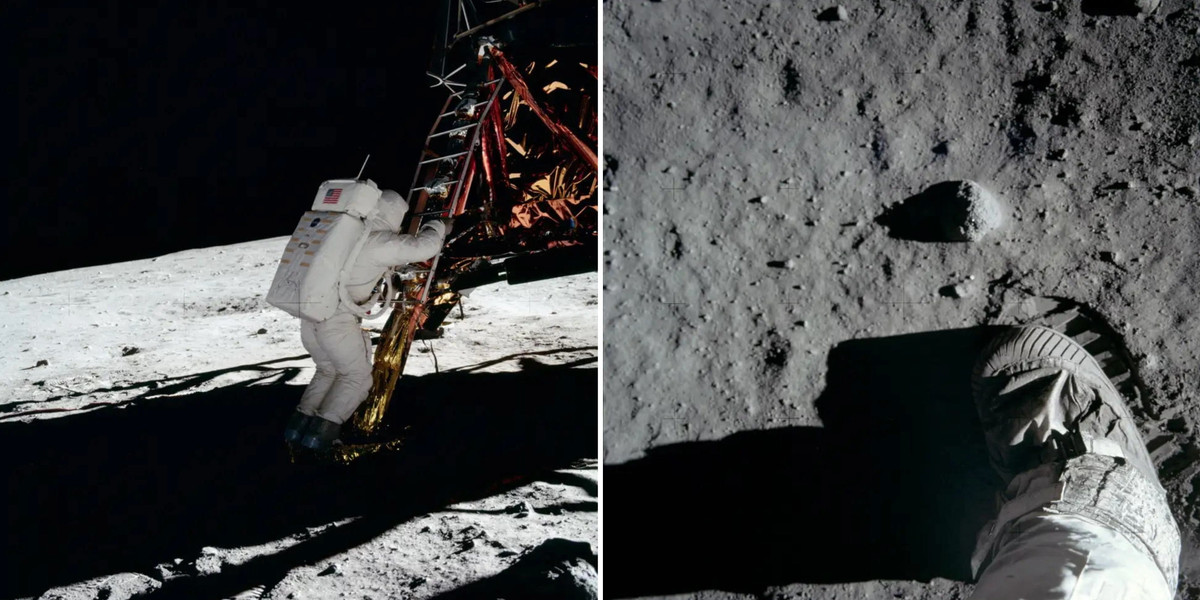Phi hành gia Edwin Aldrin bước chân xuống bề mặt Mặt Trăng. Ông đã chụp một số ảnh dấu chân để phục vụ nghiên cứu.