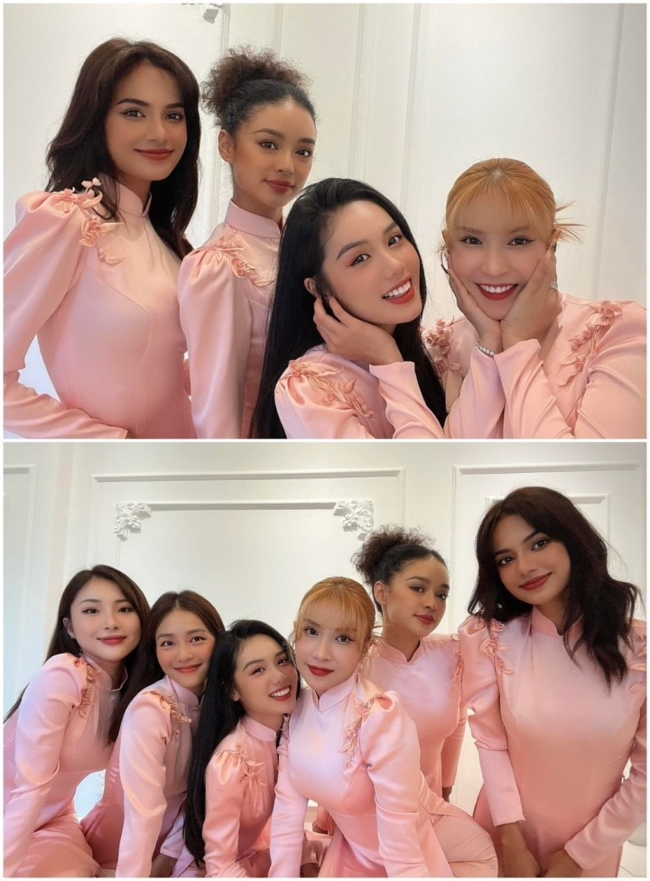 Các người đẹp diện áo dài màu hồng ngọt ngào, trang điểm nhẹ nhàng vẫn tôn được nhan sắc.