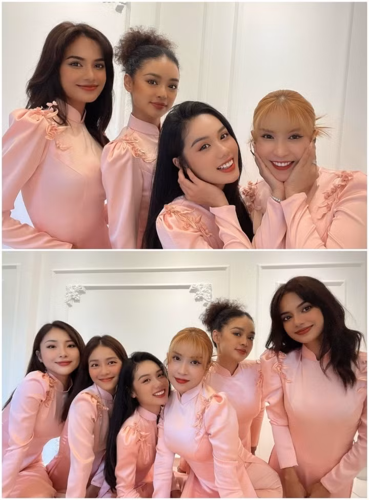 Các người đẹp diện áo dài màu hồng ngọt ngào, trang điểm nhẹ nhàng vẫn tôn được nhan sắc.