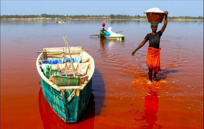 2. Hồ Retba, Senegal. Hồ Retba tọa lạc ở phía Bắc của bán đảo Cap Vert và phía Đông Bắc cách thủ đô Dakar của nước Senegal khoảng 35km. Điểm nổi bật và khác biệt của hồ là màu sắc độc đáo chuyển từ màu tím nhạt thơ mộng sang màu sữa dâu ngọt ngào, đôi khi xuất hiện màu đỏ tươi như máu sẽ là nét hấp dẫn thu hút khách du lịch đến chiêm ngưỡng.