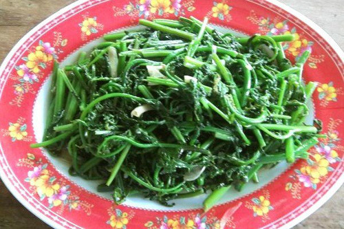 Đập củ tỏi, phi thơm rồi cho rau dớn vào đảo đều năm phút; bắc xuống nêm bột ngọt, tương ớt, hạt tiêu, nước chanh tươi, đậu phộng rang giã nhỏ...Ăn rau dớn không quen thấy hơi nhớt và chát, nhưng quen rồi thì lại muốn thưởng thức lần tiếp theo.