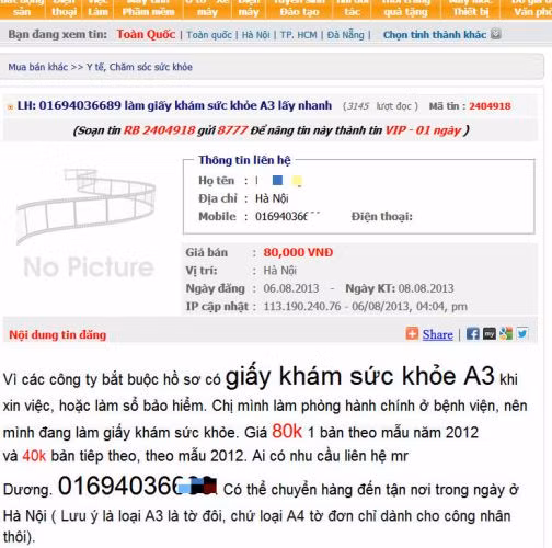 Giấy khám sức khỏe được giao bán công khai trên nhiều trang mạng online