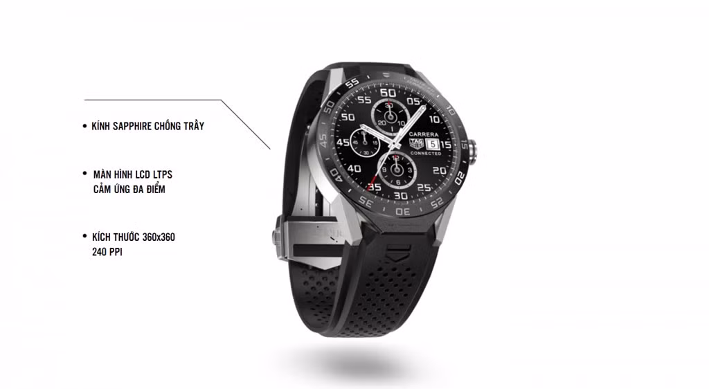 Connected dùng màn hình 1,5 inch bằng sapphire, cùng chất liệu chịu lực với Apple Watch, tuy vậy nó có mật độ điểm ảnh nhỏ hơn.