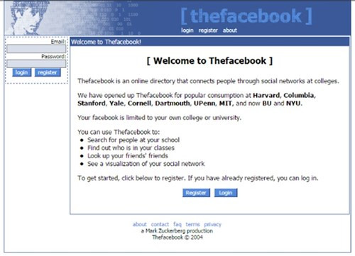 Giao diện của "thefacebook" (sau được đổi thành Facebook) năm 2004.