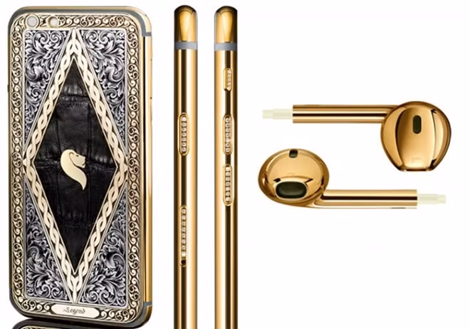  Momentum: Được làm bằng tay bởi nghệ nhân nổi tiếng Helsinki, chiếc iPhone 6S này mang vẻ đẹp huyền bí với bức tranh được tạo hình bằng vàng 24K, khung viền bằng bạc, cùng với chất liệu da cá sấu cao cấp.Các họa tiết được khắc bằng tay trên vàng 24K. Người dùng cũng có thể yêu cầu nạm thêm kim cương với tổng số lượng khoảng 10 carat. Chiếc điện thoại được bán trên thị trường với giá 19.720 USD, tương đương 460 triệu đồng.