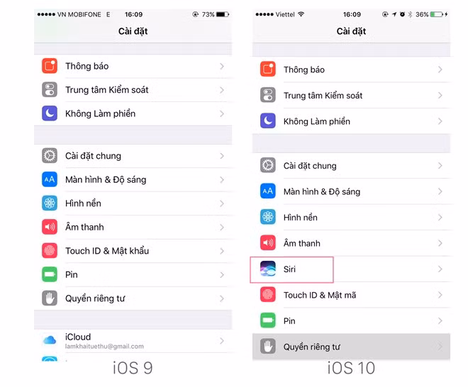  Siri được làm mới: trên iOS 10, tuỳ chỉnh Siri được mang ra ngoài menu chính của mục cài đặt. Trợ lý ảo trên iOS mới được Apple cấp phép cho các nhà phát triển, giúp tạo ra những ứng dụng mới lạ hơn cho Siri. Siri cũng hỗ trợ người dùng tương tác với các ứng dụng của bên thứ ba như Whatsapp, Uber,...