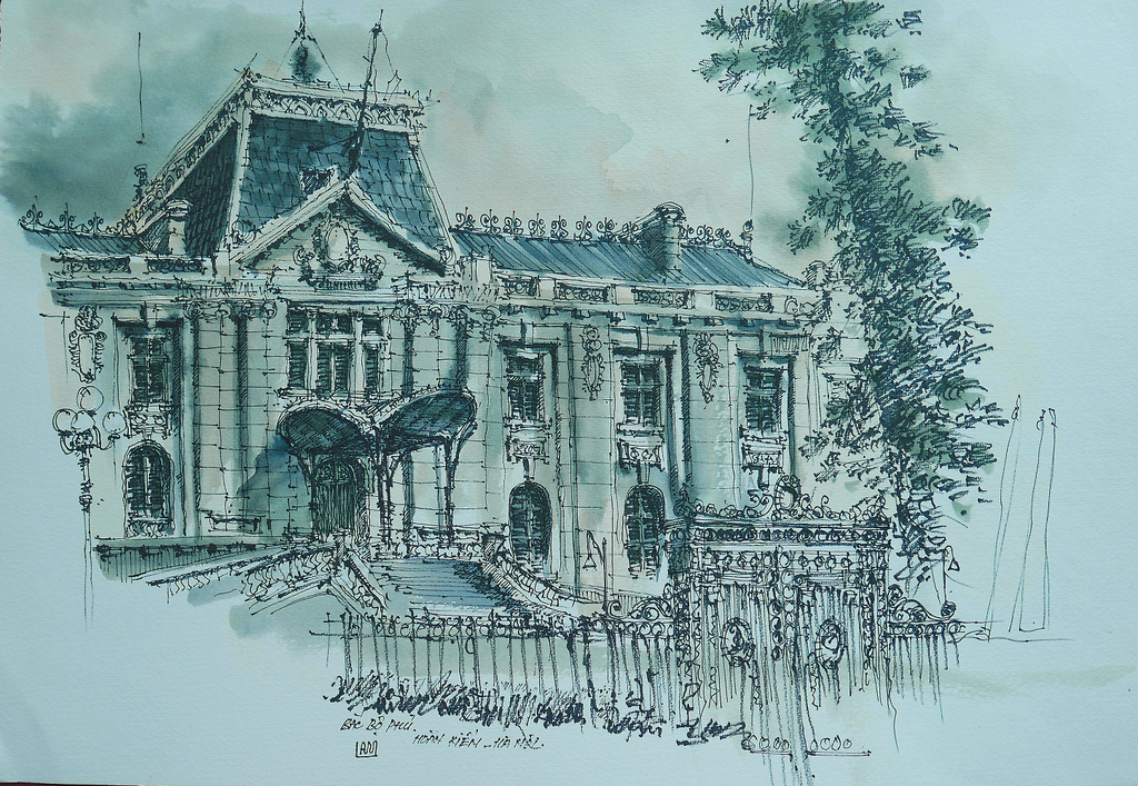 br/> Nhà khách Chính phủ (trước đây là Bắc Bộ Phủ - số 12 Ngô Quyền): Hoàn thành năm 1911, do kiến trúc sư Auguste Henri Vildeu thiết kế, trước đây là Dinh Thống đốc Bắc Kỳ. Hiện nay công trình được sử dụng làm nhà khách của chính phủ. Công trình mang phong cách Tân cổ điển châu Âu, bố cục hình khối đơn giản, các trang trí cột được cách tân nhưng vẫn đạt hiệu quả thẩm mỹ. Công trình tạo được sự bề thế, sang trọng, đặc biệt với mái khu sảnh bằng kim loại ít được sử dụng trong thời kỳ đó. Tranh: Nguyễn Hoàng Lâm.