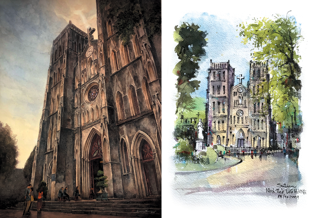  Nhà thờ Lớn Hà Nội (số 40 Nhà Chung): Nhà thờ được hoàn thành 1883, do linh mục Puginier chỉ đạo xây dựng theo mẫu hình từ châu Âu. Nhà thờ Lớn là nhà thờ có hai tháp chuông kiểu Gothic duy nhất ở Hà Nội, có thể xem như mẫu hình thu nhỏ của nhà thờ ở Paris. Tranh: Hoàng Phong (trái), Sutien Lokulprakit (phải).