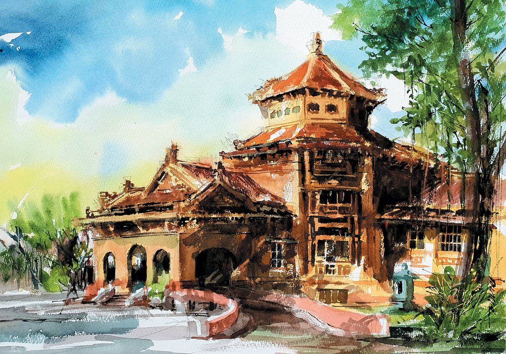  Bảo tàng Lịch sử Quốc gia (số 1 Phạm Ngũ Lão): Công trình trước đây mang tên Viện Viễn Đông Bác cổ hay Bảo tàng Louis Finot, khởi công năm 1925 và hoàn thành năm 1932, do kiến trúc sư Ernest Hébrard thiết kế. Đây là công trình mang phong cách Đông Dương đầu tiên do Ernest Hébrard khởi xướng. Ông đã cố gắng tìm tòi các chi tiết kiến trúc gỗ truyền thống như mái, con sơn đỡ diềm mái và các ô văng cửa sổ. Đây là sự tìm tòi có giá trị, kết hợp giữa phong cách châu Âu và Á Đông. Tranh: Phạm Thanh Sơn.