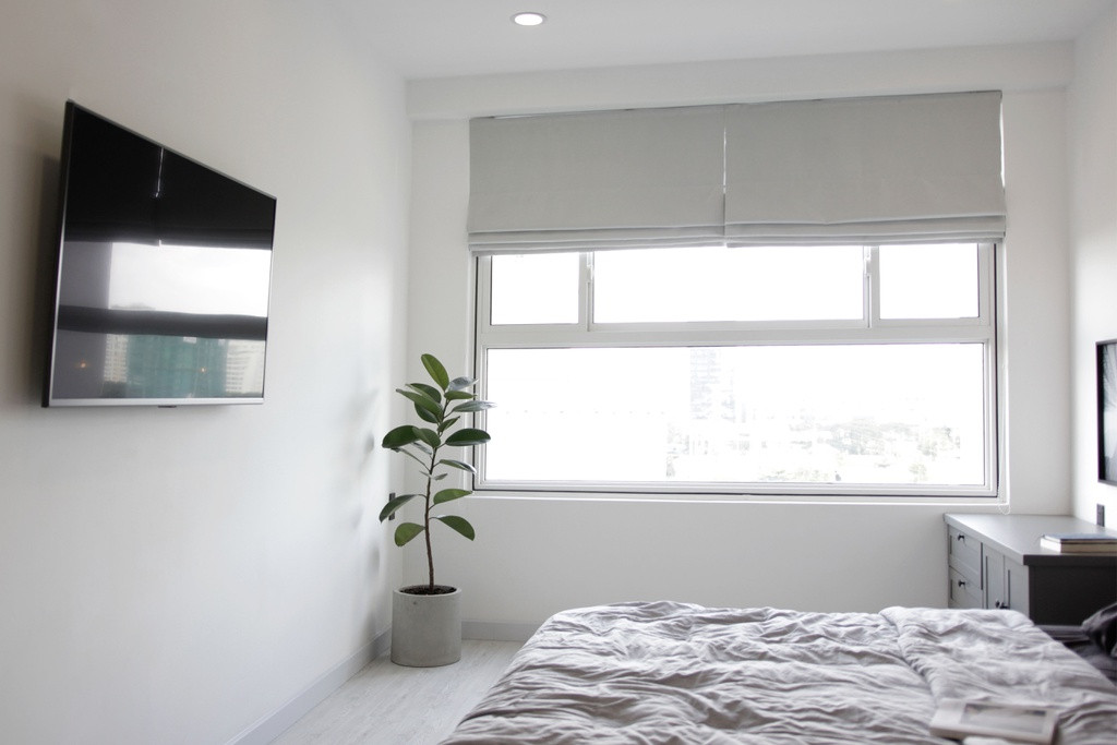 Do màu sắc chủ đạo của căn hộ là trắng, xám và đen, các chậu cây xanh có vai trò lớn khi điểm xuyết cho không gian, tránh sự nhàm chán.