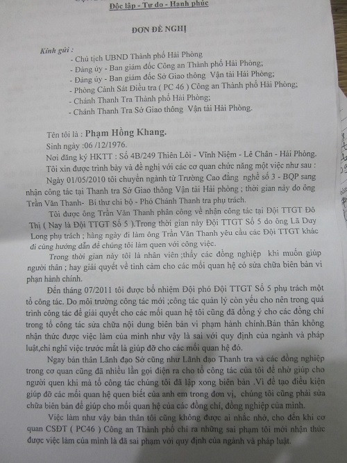 Đơn đề nghị của ông Phạm Hồng Khang trước khi bị bắt.