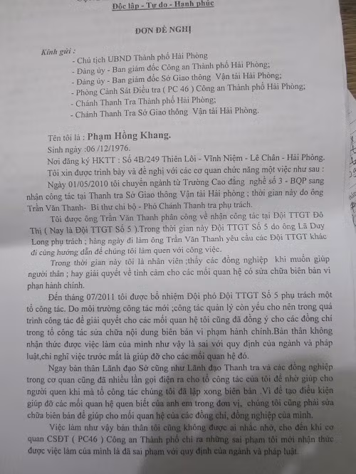 Đơn đề nghị của ông Phạm Hồng Khang trước khi bị bắt.