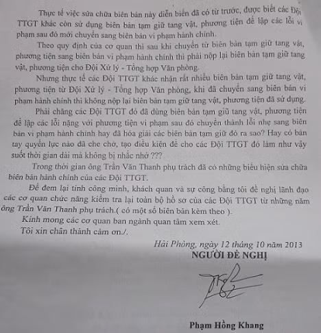 Ông Khang đề nghị, các cơ quan ban ngành tiến hành kiểm tra, rà soát lại toàn bộ hồ sơ của các đội TTGT thuộc Sở GTVT Hải Phòng giai đoạn 2007 – 2011 để đảm bảo tính công minh, minh bạch.