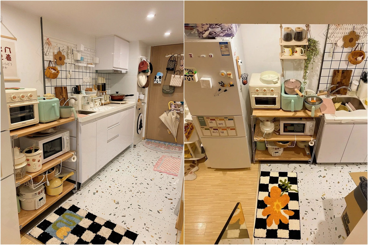 o diện tích có hạn phía trên, Tiểu Chu sử dụng bảng pegboard để tăng không gian lưu trữ tại khu vực nấu nướng. Những món đồ dùng nhà bếp có tần suất sử dụng thường xuyên được cô nàng sắp xếp ngay trong tầm với. Một điều thú vị ở trong căn bếp này chính là việc xuất hiện của không ít món đồ phụ kiện nhỏ có thiết kế dễ thương, tạo cảm hứng nhiều hơn trong quá trình nấu nướng.