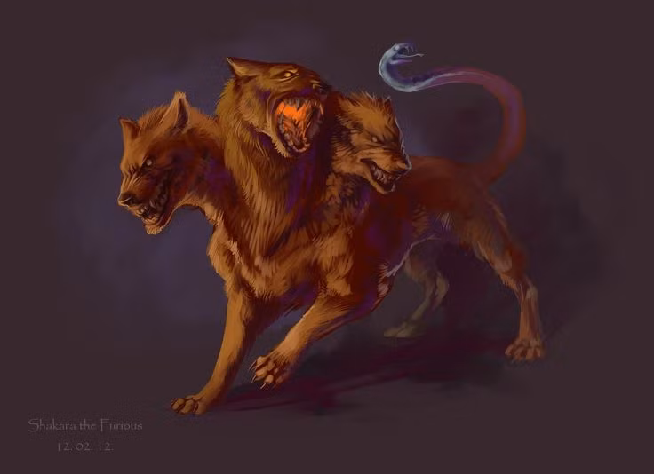  1. Cerberus là chó canh giữ cổng địa ngục. Theo thần thoại Hy Lạp, Cerberus là con chó ba đầu khổng lồ canh giữ cổng vào địa ngục. Nó ngăn cản người sống bước vào và không cho linh hồn người chết trốn thoát. Ảnh: Pinterest.