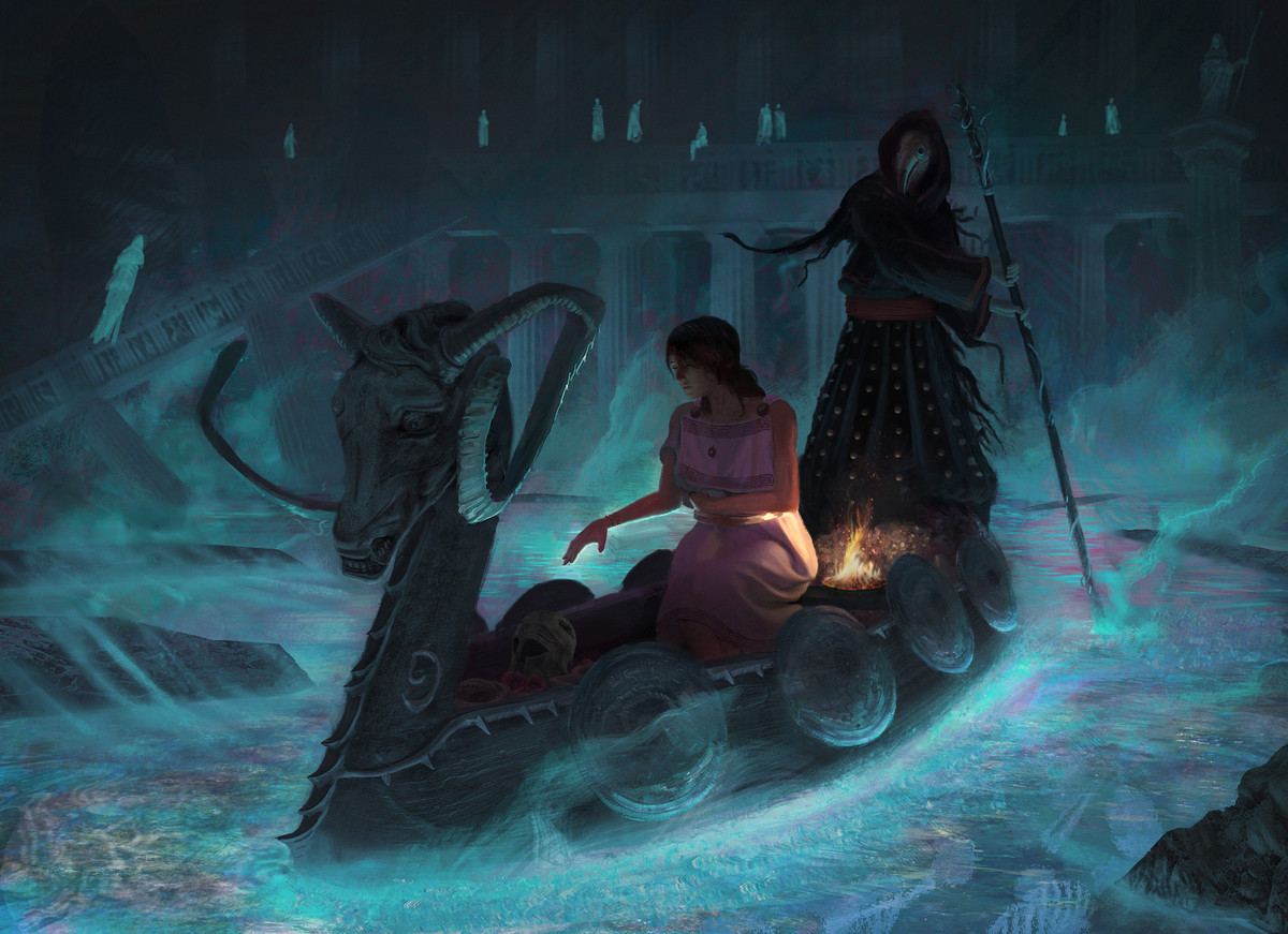  3. Con sông Styx là ranh giới giữa hai thế giới. Để vào được Hades, linh hồn người chết phải băng qua sông Styx, dòng sông thiêng được cai quản bởi lão lái đò Charon, kẻ chỉ nhận đưa những ai có xu bạc đặt trên mắt hoặc dưới lưỡi khi chôn cất. Ảnh: Pinterest.