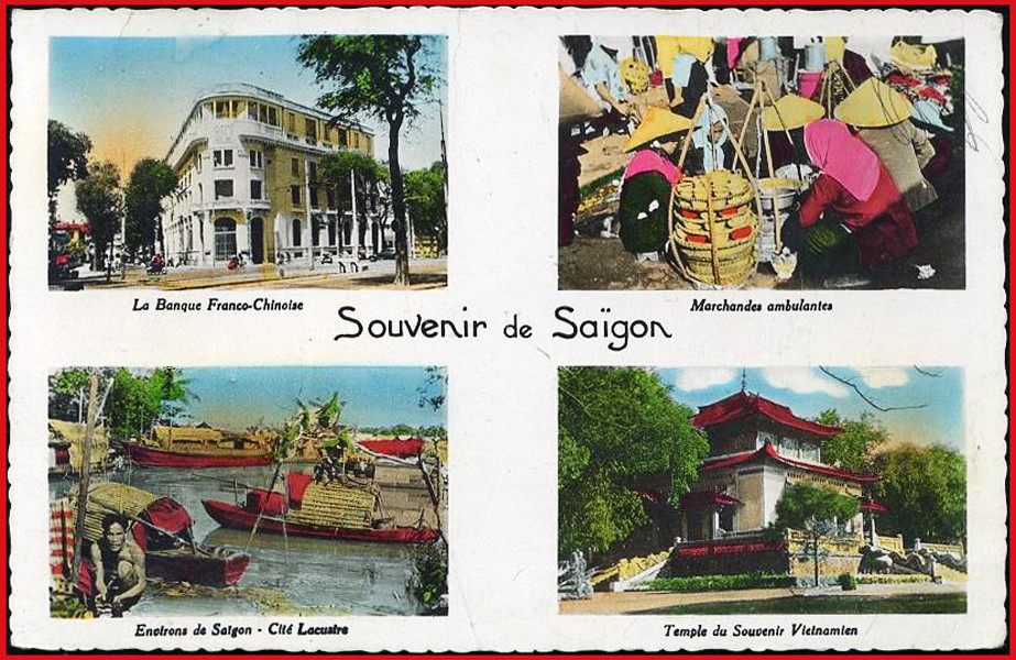 Từ trái sang phải, từ trên xuống dưới: 1 – Tòa nhà Ngân hàng Pháp – Hoa trên đại lộ Hàm Nghi. 2 – Các gánh hàng rong. 3 – Dân chài trên sông Sài Gòn. 4 – Đền Kỷ niệm trong Thảo Cầm Viên. Ảnh: Public Domain.