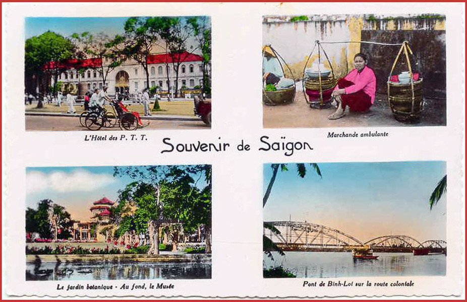 Từ trái sang phải, từ trên xuống dưới: 1 – Bưu điện trung tâm Sài Gòn. 2 – Gánh hàng ăn lưu động. 3 – Viện bảo tàng trong Thảo Cầm Viên. Ảnh: Public Domain.