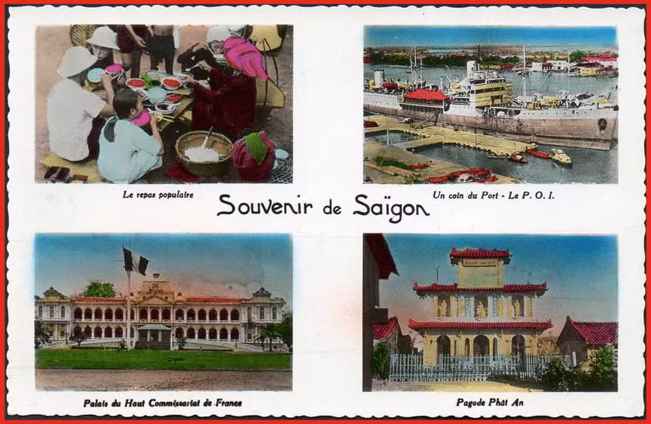 Từ trái sang phải, từ trên xuống dưới: 1- Quán ăn đường phố. 2 – Một góc cảng Sài Gòn. 3 – Dinh Toàn quyền. 4 – Chùa Phật Ân. Ảnh: Public Domain.