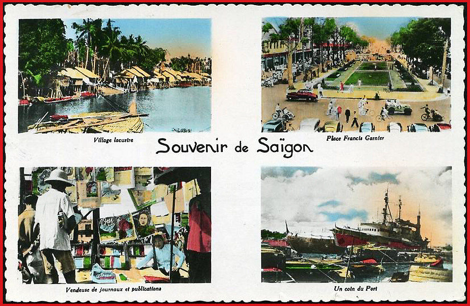 Từ trái sang phải, từ trên xuống dưới: 1 – Làng ven sông. 2 – Khu vực tượng đài Francis Garnierở công viên trước nhà hát Lớn. 3 – Quầy báo vỉa hè. 4 – Một góc cảng Sài Gòn. Ảnh: Public Domain.