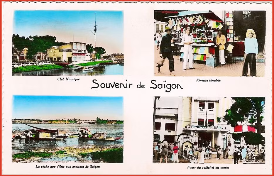 Từ trái sang phải, từ trên xuống dưới: 1 – Câu lạc bộ Hàng hải. 2 – Quầy sách báo. 3 – Nghề chài lưới trên sông Sài Gòn. 4 – Nơi đồn trú của binh lính và thủy thủ Pháp. Ảnh: Public Domain.