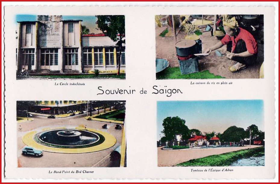 Từ trái sang phải, từ trên xuống dưới: 1 – Tòa nhà Le Cercle Indochinois (nay là trụ sở Liên đoàn Lao động TPHCM). 2 – Nấu ăn trên phố. 3 – Vòng xoay đại lộ Charner (đường Nguyễn Huệ). 4 – Lăng Cha Cả. Ảnh: Public Domain.
