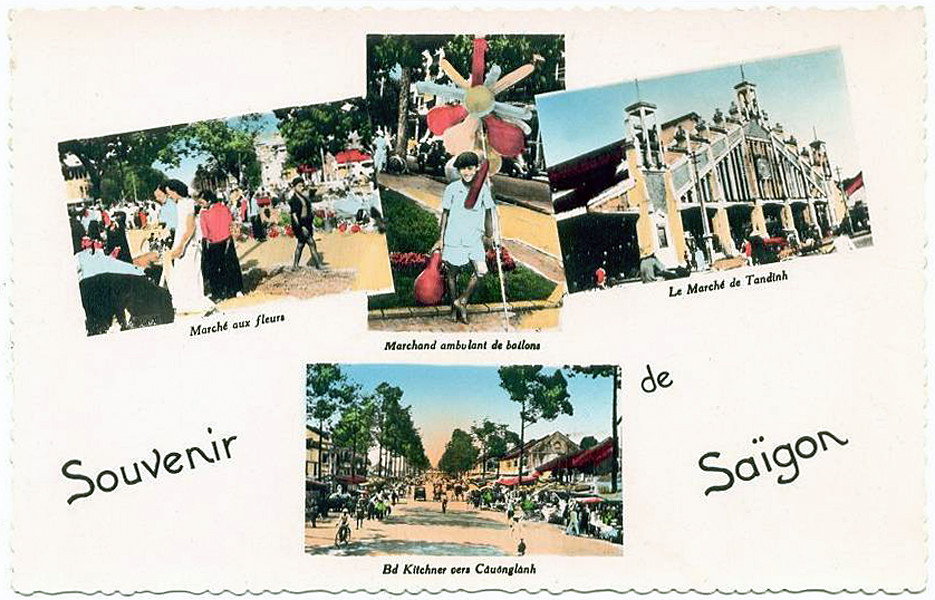 Từ trái sang phải, từ trên xuống dưới: 1 – Chợ hoa ở Sài Gòn. 2 – Cậu bé bán bóng. 3 – Chợ Tân Định. 4 – Đường lên cầu Ông Lãnh. Ảnh: Public Domain.